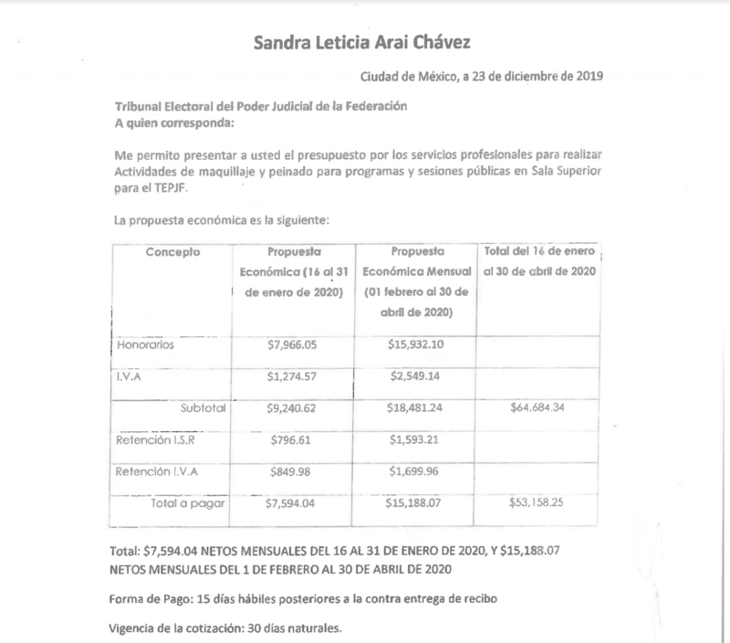 Cotización de Sandra Leticia Arai Chávez al Tribunal Electoral del Poder Judicial de la Federación